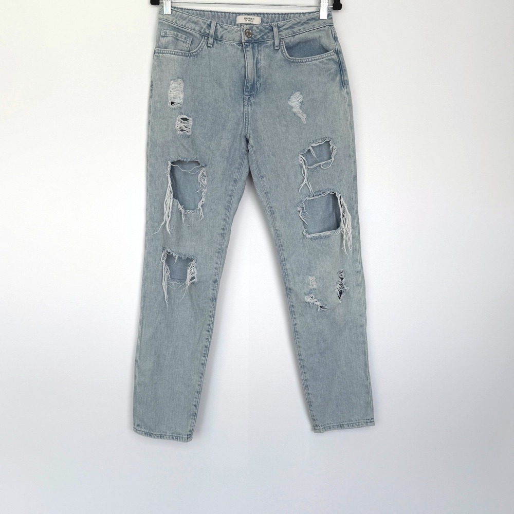 Forever 21 Distressed Jeans Womens 25 Light Blue Good Ripped Tapered High Rise
